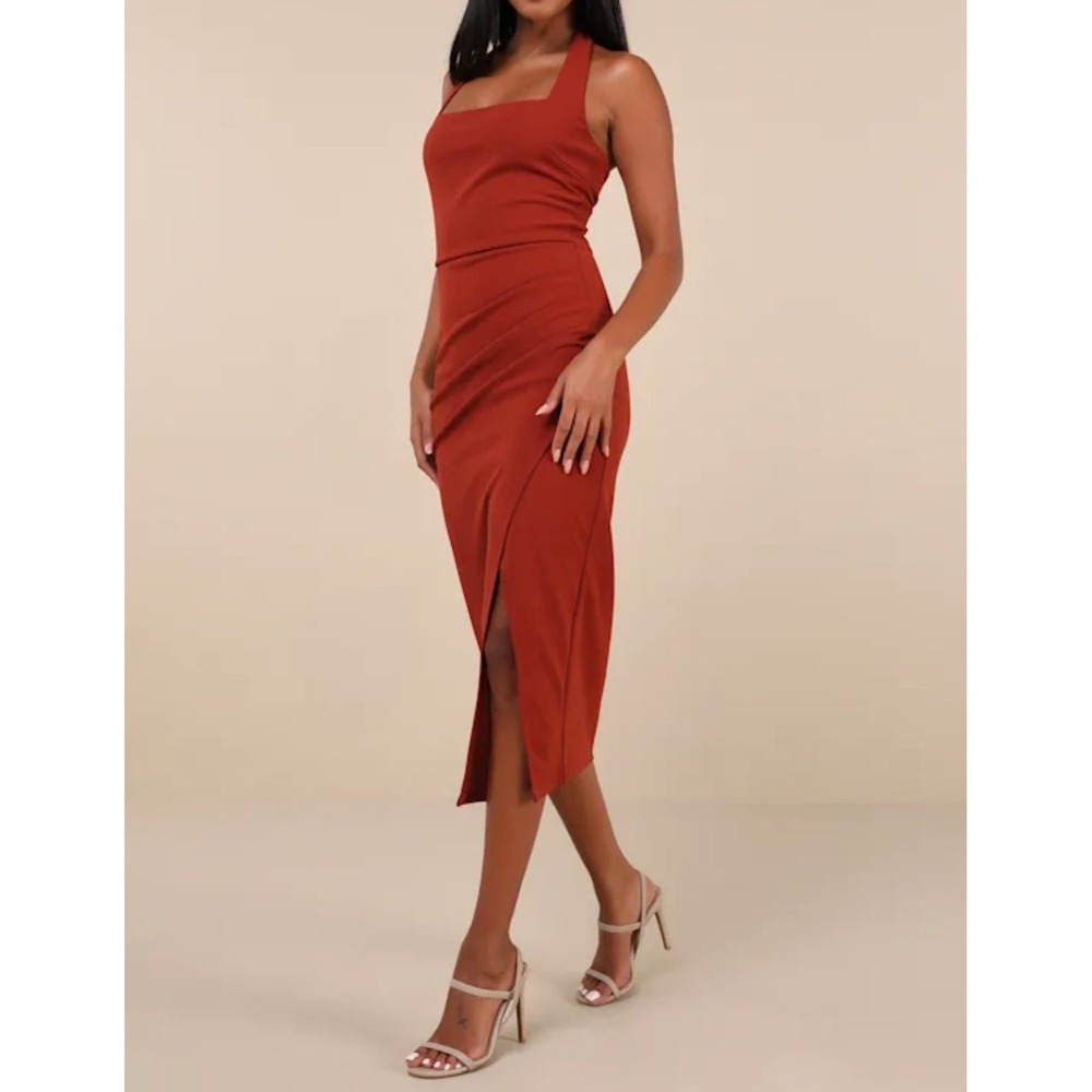 NWT Lulus Prominent Charm Rust Brown Halter Bodycon Tulip Midi Dress Medium